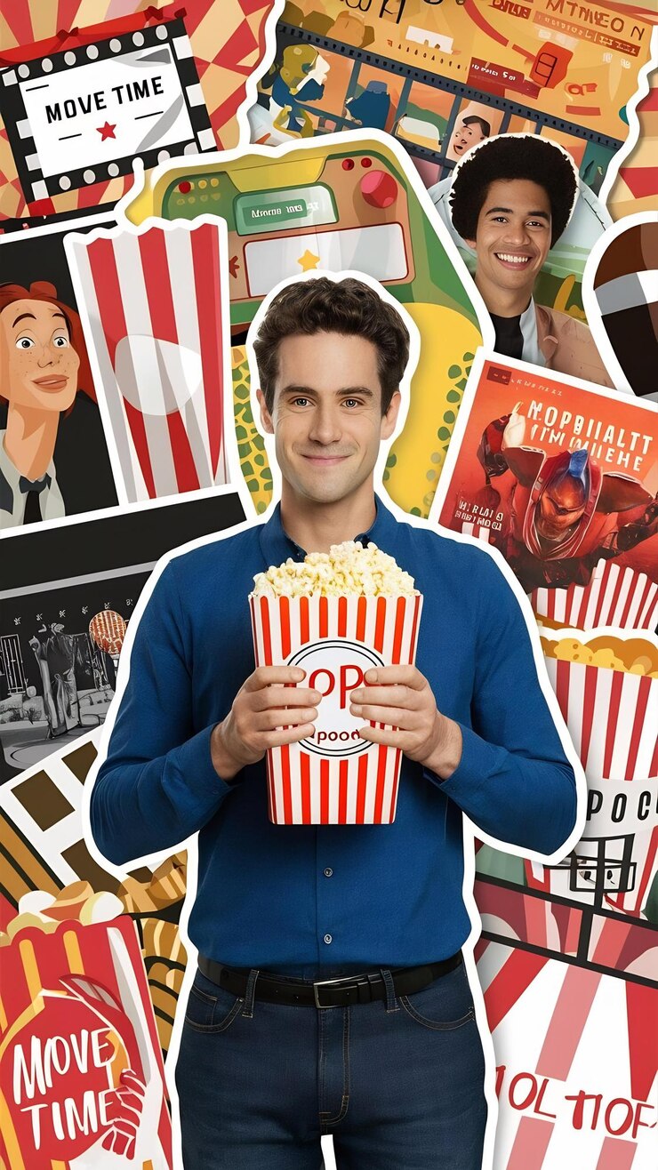 Collage about movie time with man holding popcorn